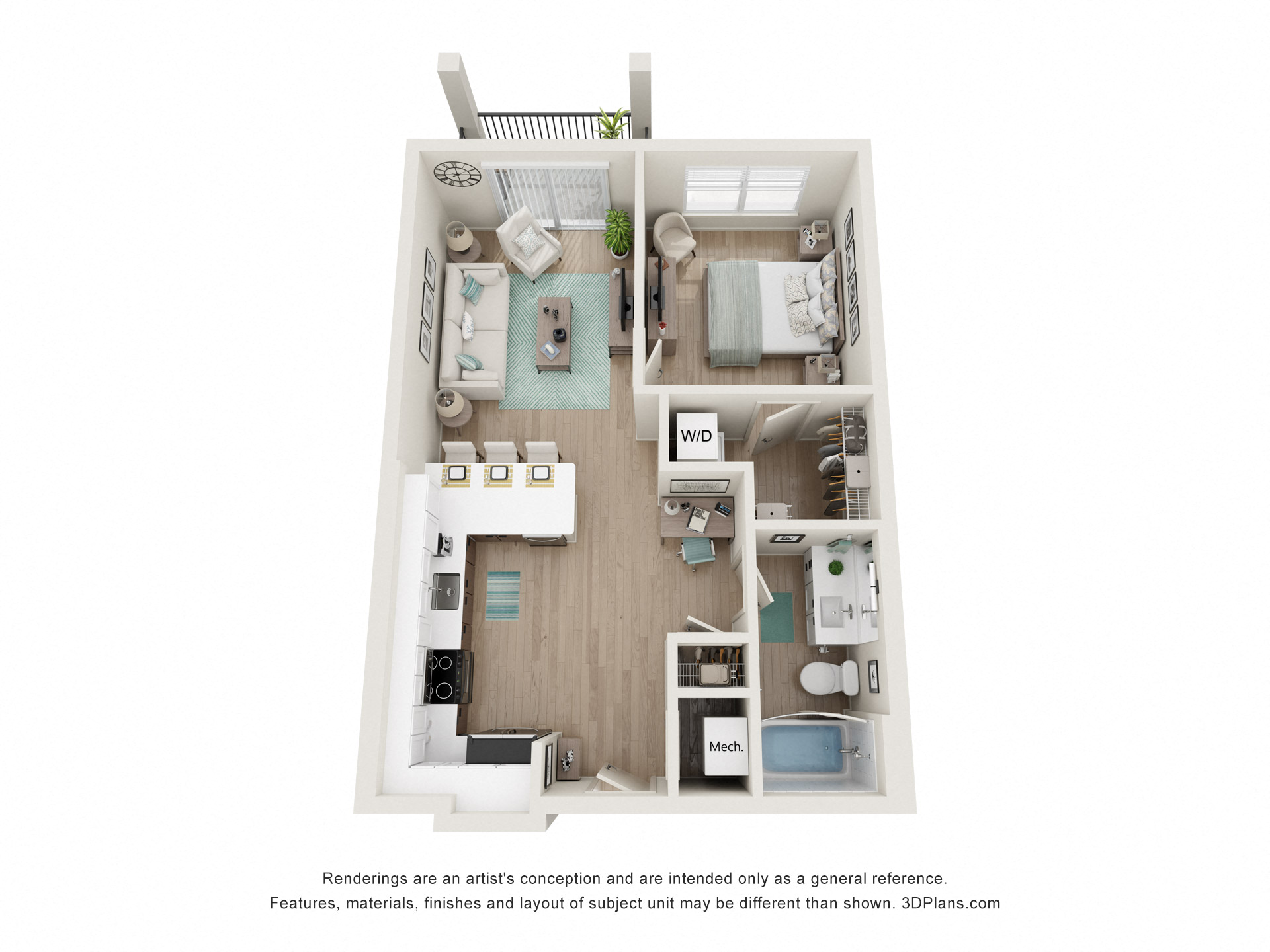 Floor plan for 1 bed, 1 bath, 673 sqft